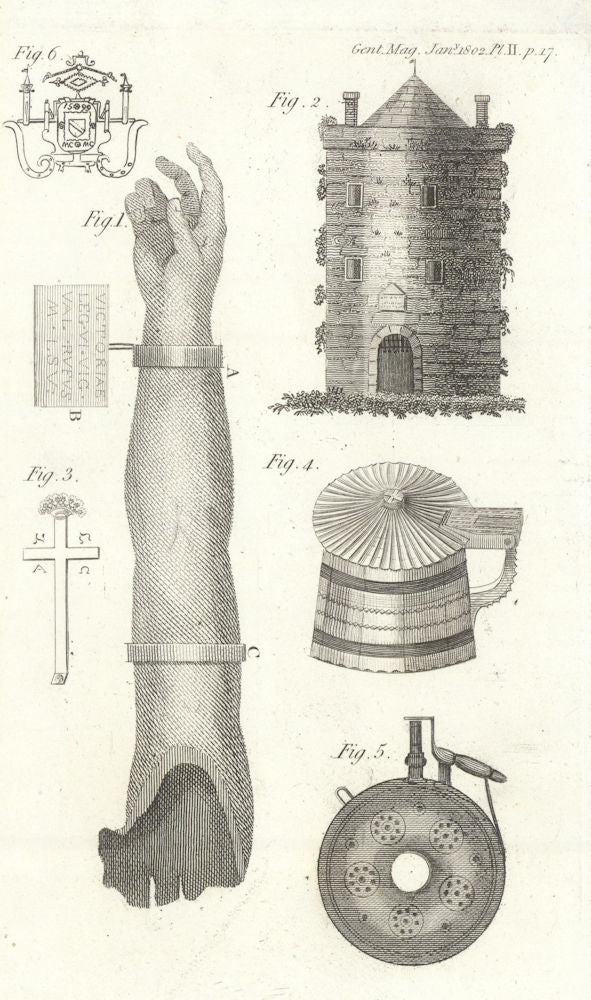 Roman silver arm, Butterworth, Lancs. Reginald's Tower, Waterford, Ireland 1802